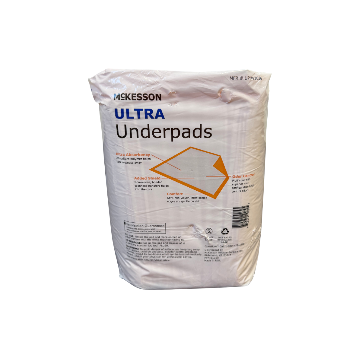 Back view of McKesson Ultra disposable underpads packaging showing absorbency features and incontinence protection details.