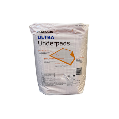 Back view of McKesson Ultra disposable underpads packaging showing absorbency features and incontinence protection details.