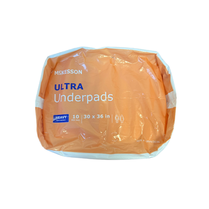 McKesson Ultra disposable underpads package with heavy absorbency protection and 30 x 36 inch coverage for incontinence care.