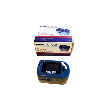 MedSource fingertip pulse oximeter with retail box for monitoring oxygen saturation and pulse rate.