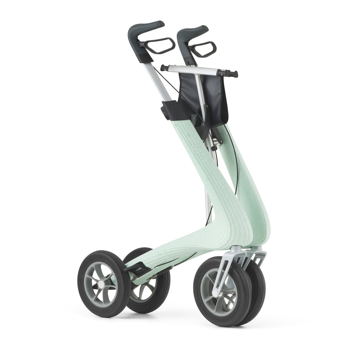 Light green rollator with black handles on a white background