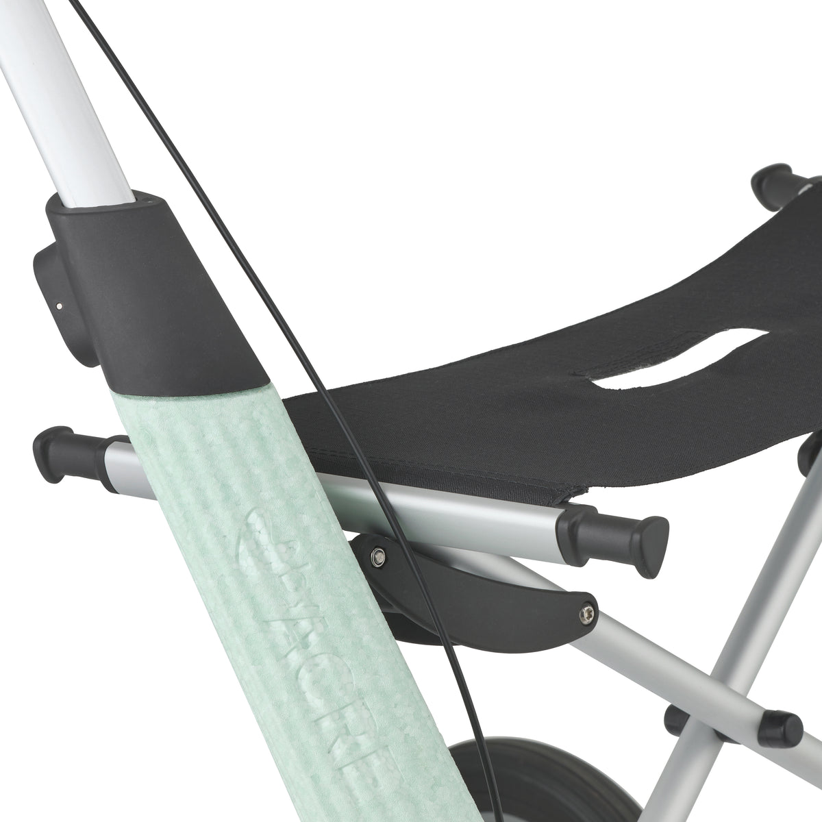Close-up of a rollator with a black seat and silver frame on a white background