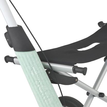 Close-up of a rollator with a black seat and silver frame on a white background