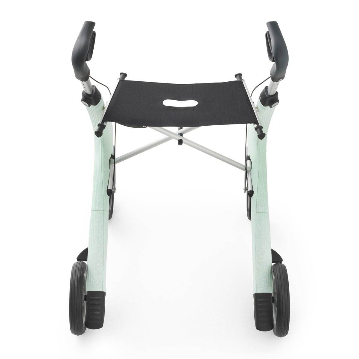 A folding walker with a mint green frame, black seat pad, and black handles, shown from a front-facing angle on a white background.