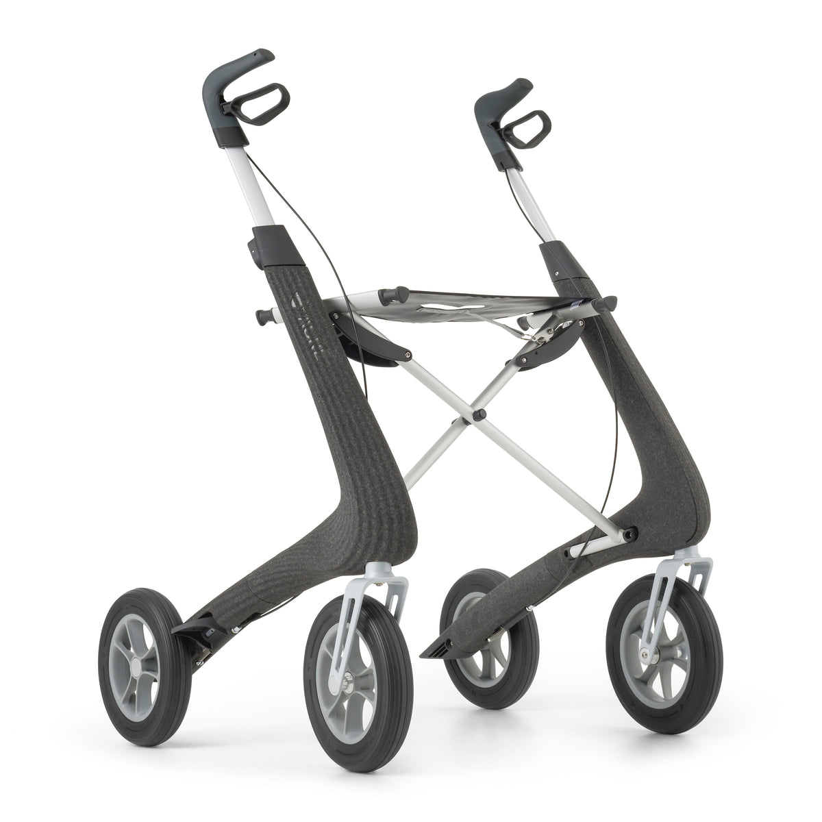 Foldable rollator with black and silver design on a white background