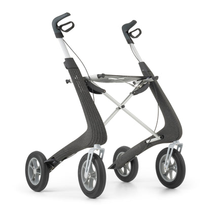 Foldable rollator with black and silver design on a white background