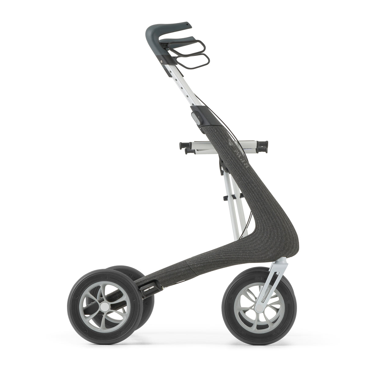 Black and silver rollator on a white background