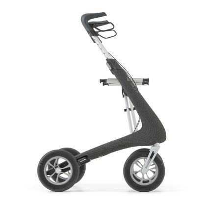 Black and silver rollator on a white background
