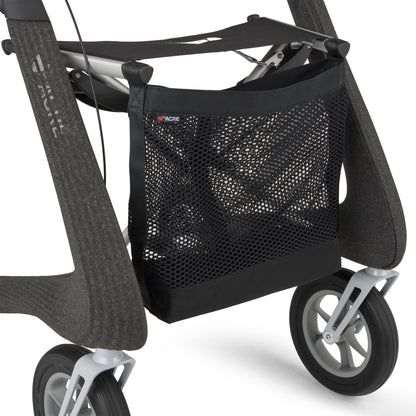 Black mesh bag attached to a rollator on a white background