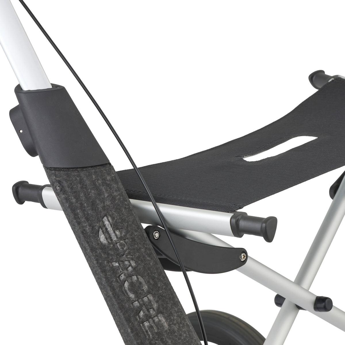 Close-up of a rollator with a brand logo on a white background