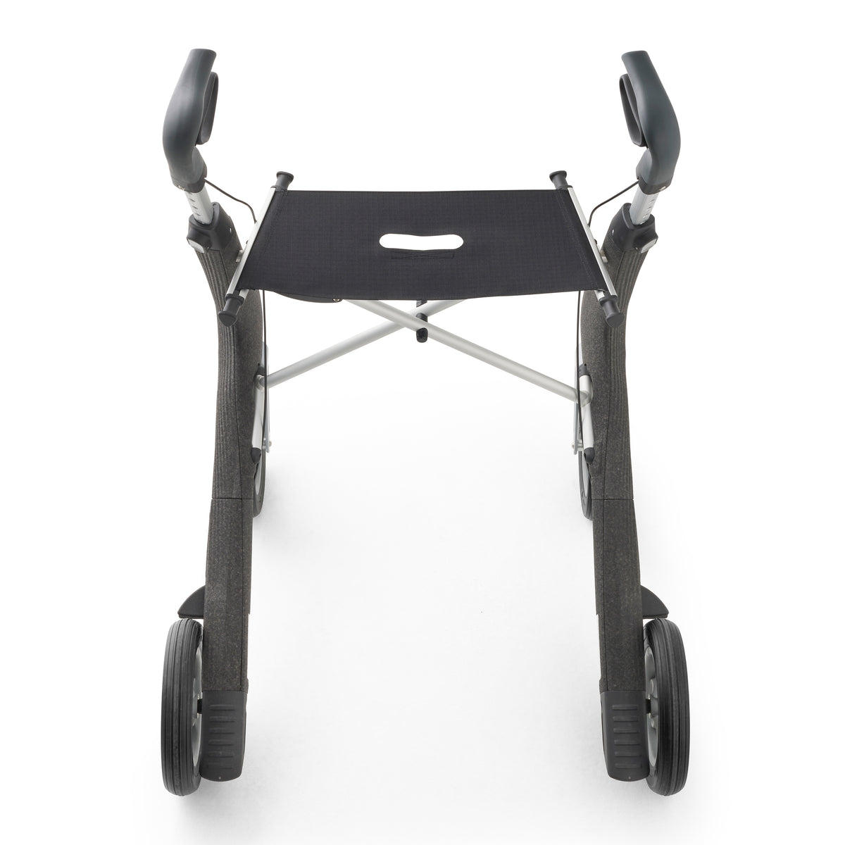 A compact four-wheel walker with a black fabric seat, black arm pads, and silver metal frame components, shown from a front-facing perspective on a white background.