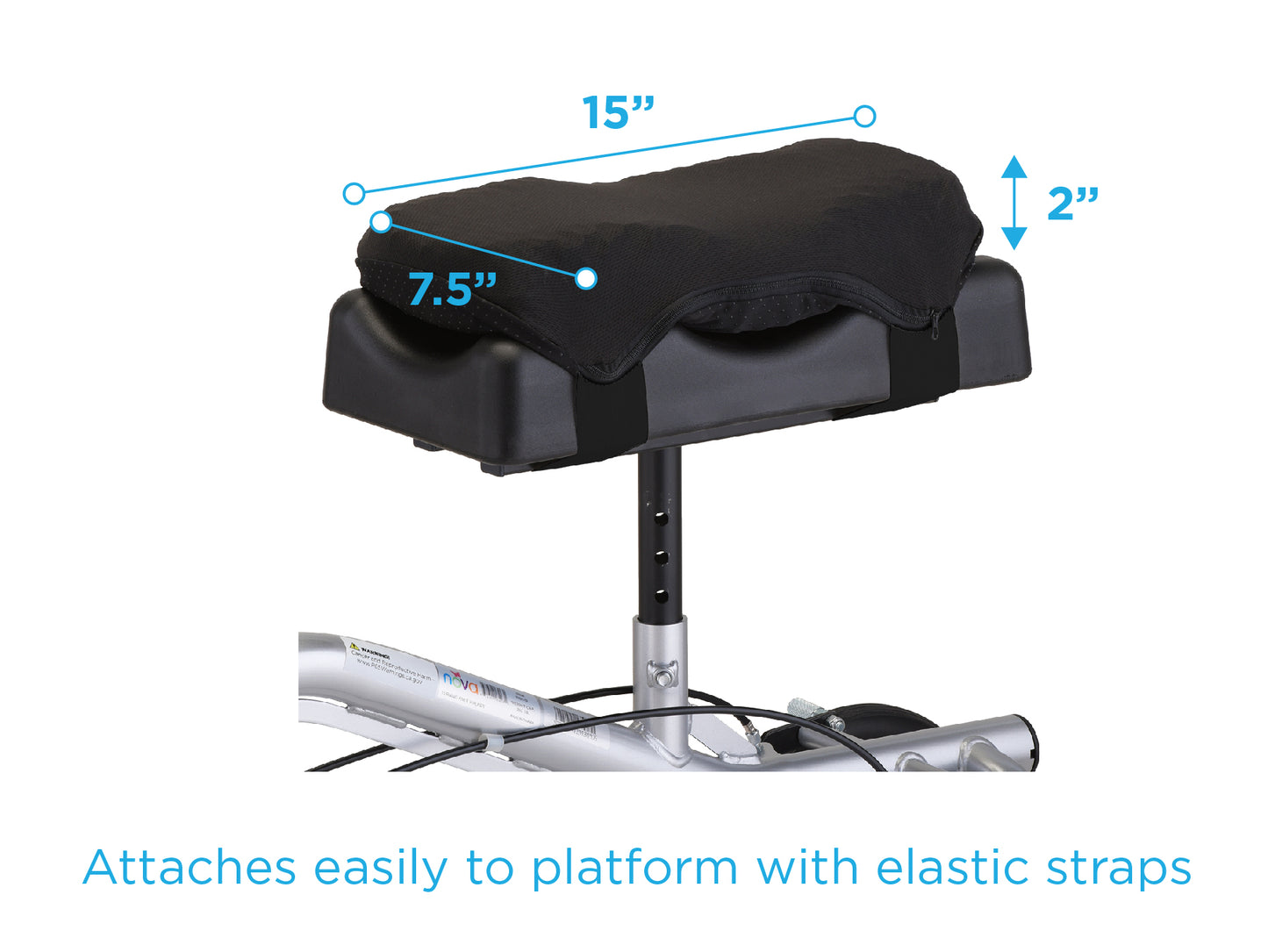 Nova knee gel cushion mounted on knee scooter platform showing dimensions of 15 inches wide, 7.5 inches deep, and 2 inches thick, with elastic strap attachment system