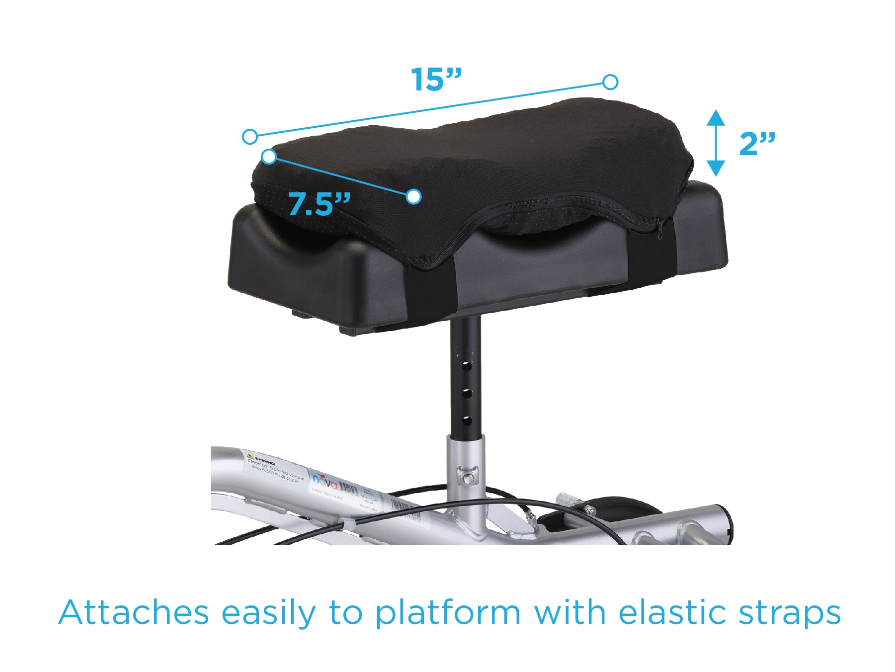 Nova knee gel cushion mounted on knee scooter platform showing dimensions of 15 inches wide, 7.5 inches deep, and 2 inches thick, with elastic strap attachment system