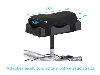 Nova knee gel cushion mounted on knee scooter platform showing dimensions of 15 inches wide, 7.5 inches deep, and 2 inches thick, with elastic strap attachment system