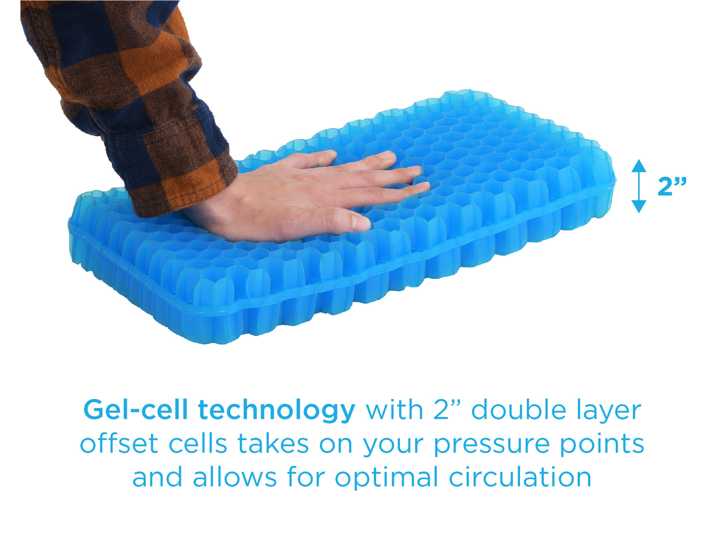 Hand pressing on blue 2-inch double layer offset gel-cell cushion insert for Nova knee scooter, demonstrating pressure relief and circulation support