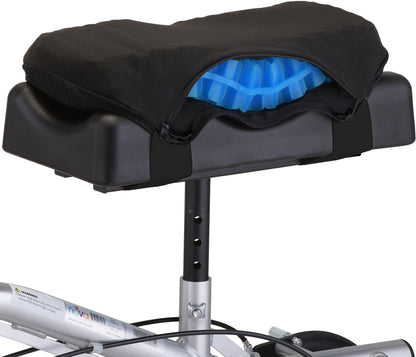 Nova knee scooter gel cushion with black fabric cover unzipped to show blue gel insert, mounted on knee scooter platform