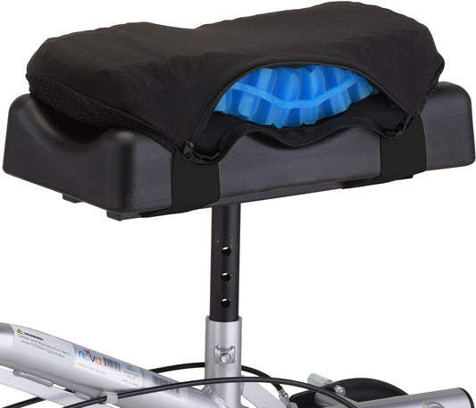 Nova knee scooter gel cushion with black fabric cover unzipped to show blue gel insert, mounted on knee scooter platform