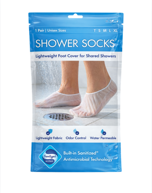 Packaging of shower socks with a person wearing them in a shower setting.