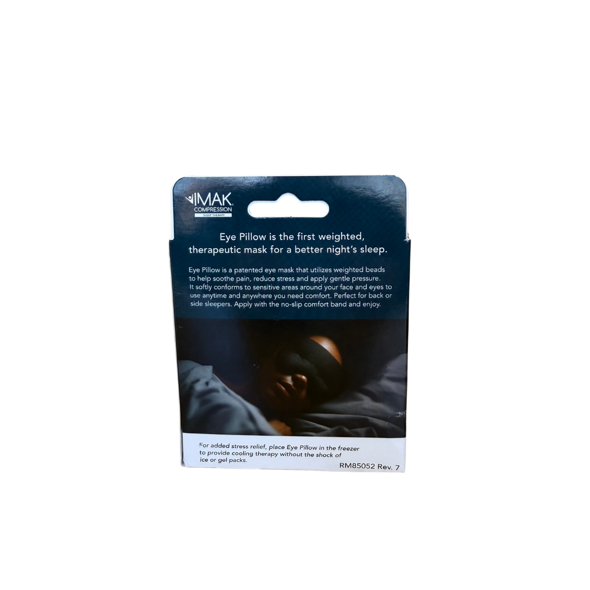 Packaging of a weighted eye pillow with text on a white background