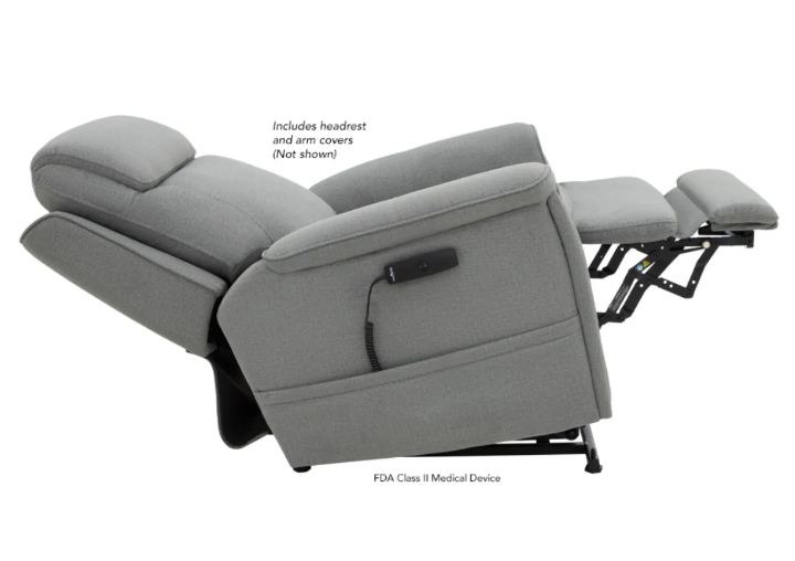 Gray fabric recliner chair shown in a side profile with the footrest extended, on a white background. Text notes the headrest and arm covers are not shown, and a small control panel is mounted on the side.