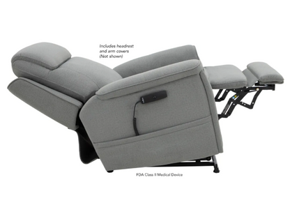 Gray fabric recliner chair shown in a side profile with the footrest extended, on a white background. Text notes the headrest and arm covers are not shown, and a small control panel is mounted on the side.