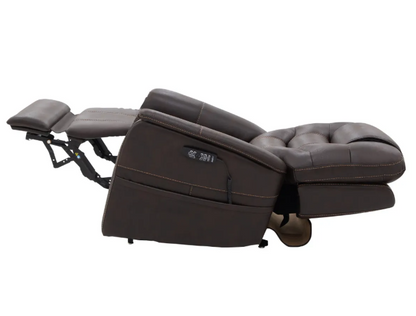 A dark brown leather recliner chair shown in a fully extended position against a solid white background.