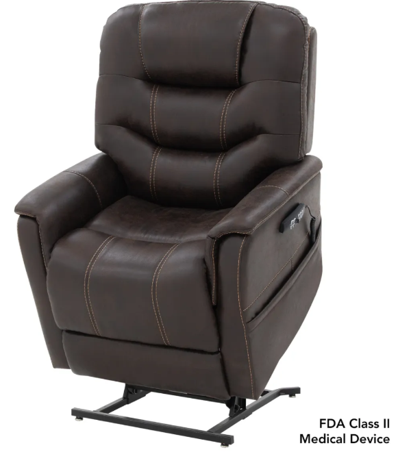 A dark brown faux leather recliner medical chair on a black metal base, shown against a white background with a text overlay in the bottom right corner reading 'FDA Class II Medical Device'.