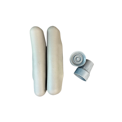 Replacement crutch underarm pads and rubber crutch tips for standard mobility crutches displayed on a white background.