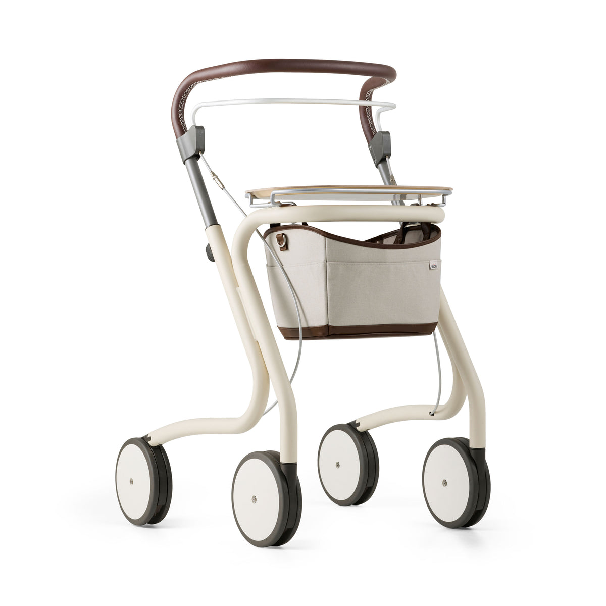 Rollator on white background with tray and storage pouch