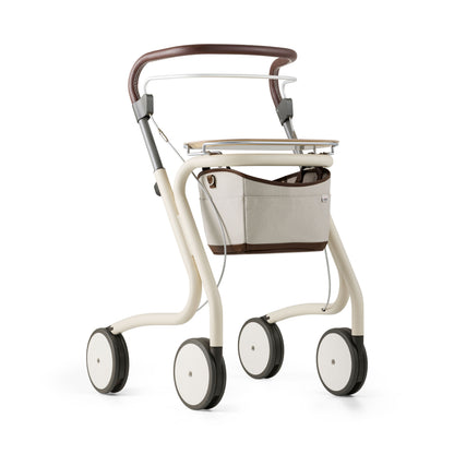 Rollator on white background with tray and storage pouch