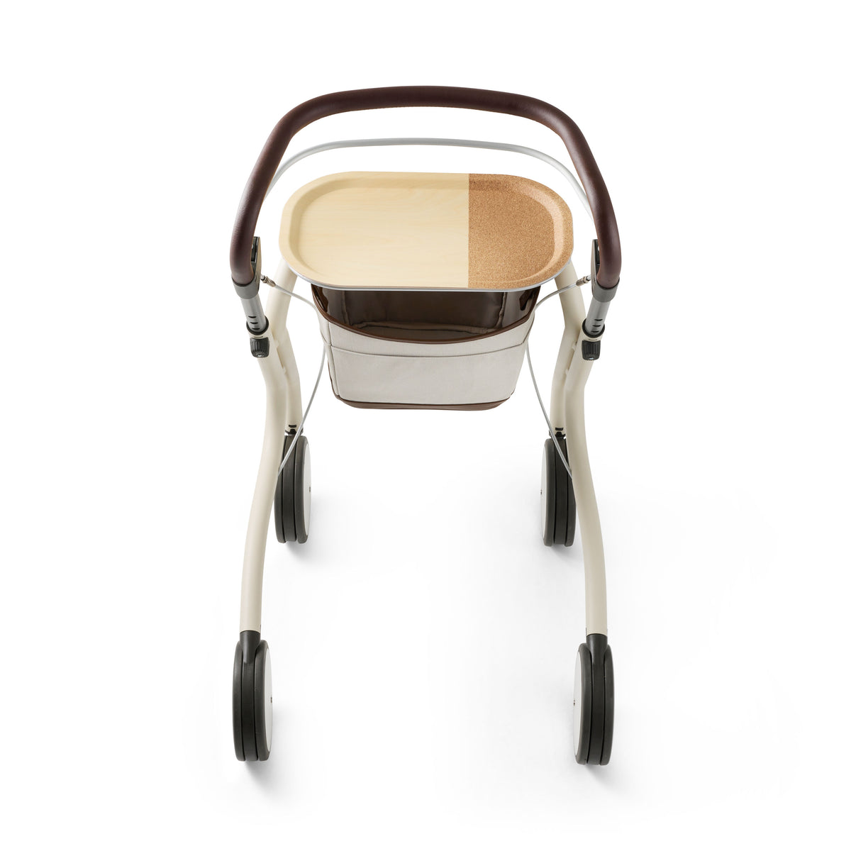 Rollator with a wooden seat on a white background
