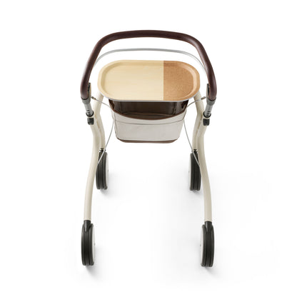 Rollator with a wooden seat on a white background