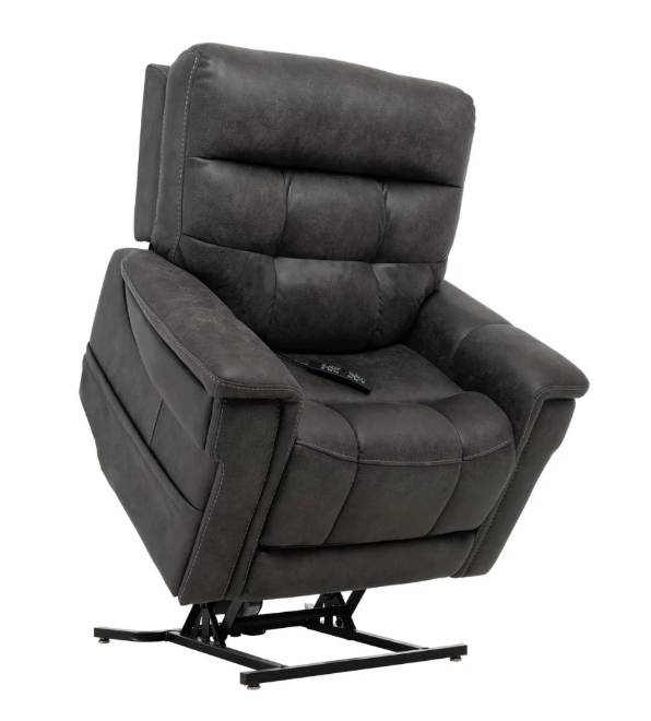A dark gray upholstered recliner chair with a black metal base, shown on a plain white background. A black remote control rests on the seat.