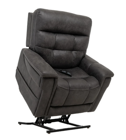 A dark gray upholstered recliner chair with a black metal base, shown on a plain white background. A black remote control rests on the seat.