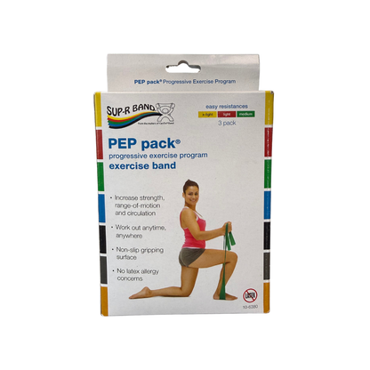 Sup-R Band PEP Pack exercise resistance band set packaging featuring progressive resistance bands for stretching, strength training, and rehabilitation exercises.