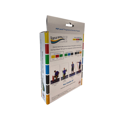 Side and back view of Sup-R Band PEP Pack exercise resistance band set packaging with progressive resistance levels and workout illustrations.
