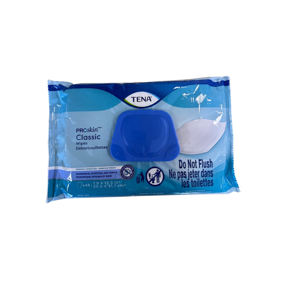 TENA ProSkin Classic scented personal cleansing wipes soft pack with 48 wipes for gentle skin cleansing and hygiene.