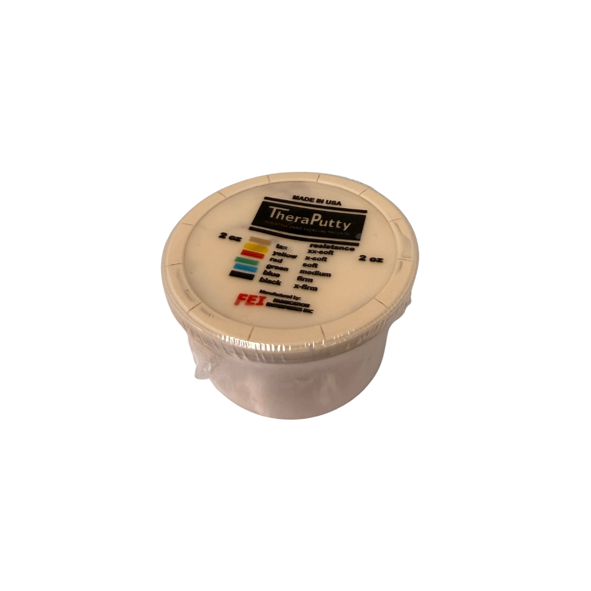 Tan Theraputty hand exercise putty container for grip strengthening and rehabilitation therapy.