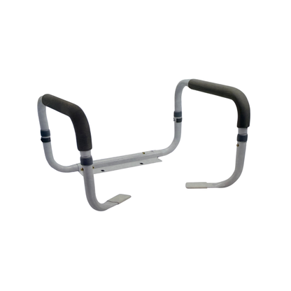 Adjustable toilet safety rail with padded handles for bathroom support and stability.