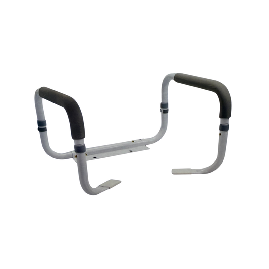 Adjustable toilet safety rail with padded handles for bathroom support and stability.
