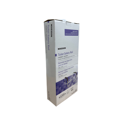 Angled view of adjustable toilet safety rail retail packaging for bathroom support and stability