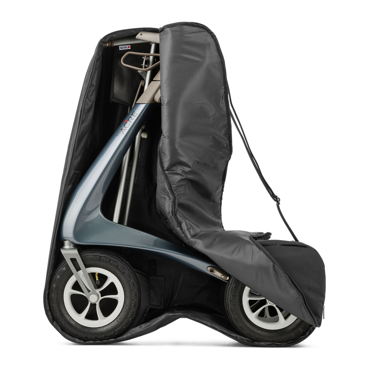 A black protective cover designed for a folding rollator, shown fitted over a metallic blue folding scooter on a white background.