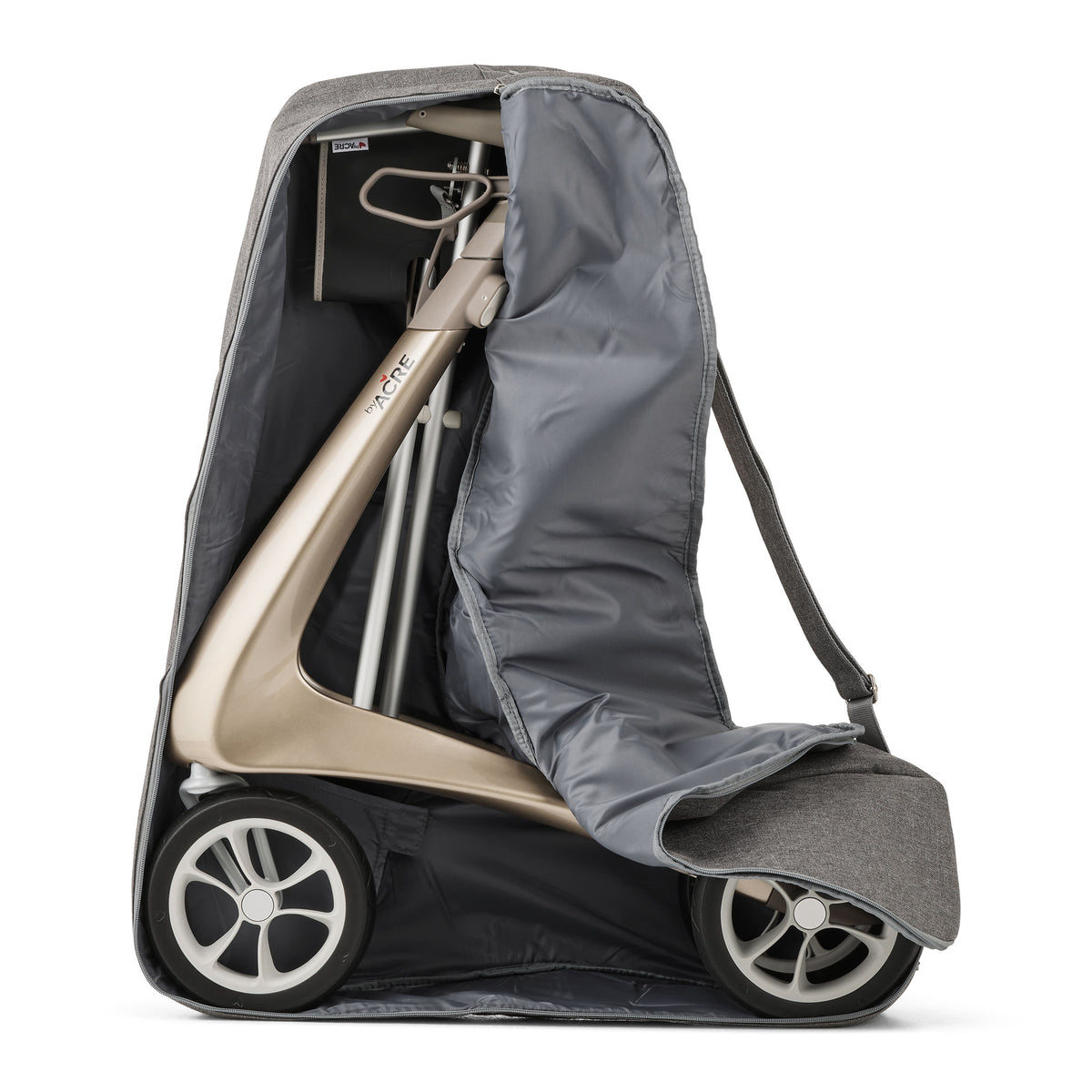 Folded rollator inside a gray carrying bag on a white background