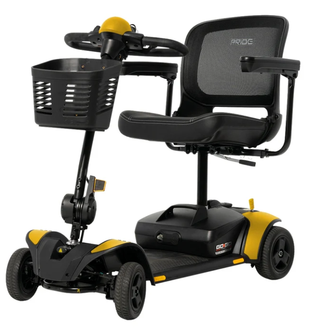 A PRIDE electric mobility scooter with a black mesh back seat, black basket, and yellow accents on a white background.