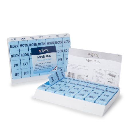 Apex Medi Tray 7 Day 4 Dose pill organizer with removable daily trays labeled Morning, Noon, Evening, and Bedtime