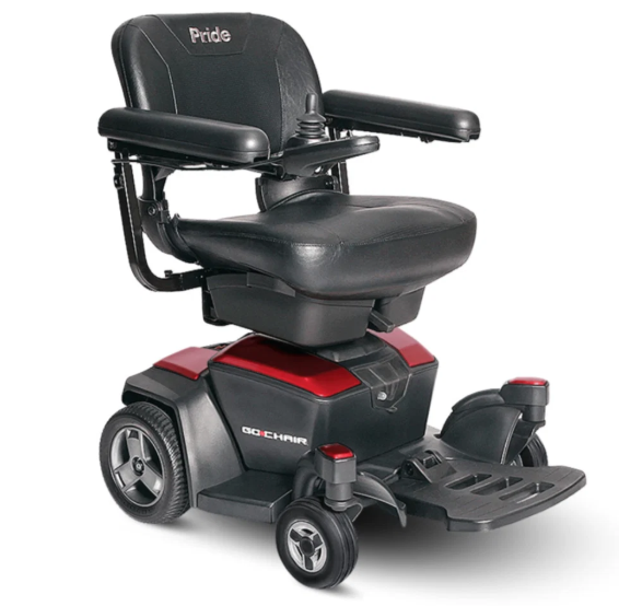 A black Powerchair Pride GO-CHAIR electric mobility scooter with red accents, shown from a three-quarter angle on a white background.