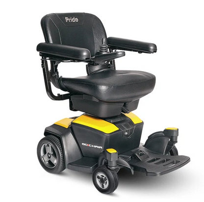 A black and yellow power wheelchair with a padded seat, armrests, and a footrest, photographed on a clean white background. The brand name 'Pride' is visible on the backrest, and 'GO CHAIR' is printed on the side.