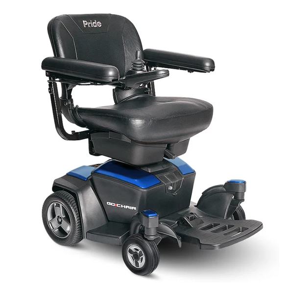 A black and blue power wheelchair with a high-back seat, armrests, and a footrest, shown on a white background. The brand 'GO CHAIR' is visible on the side panel.