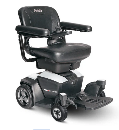 A black Powerchair Pride motorized scooter chair with a padded seat, armrests, and three wheels, shown from a three-quarter angle on a white background.