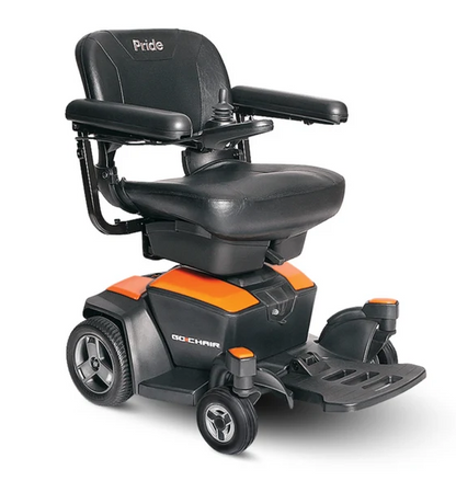 A black Powerchair Pride QDC300 electric mobility scooter with orange accents, shown from a three-quarters angle on a white background.